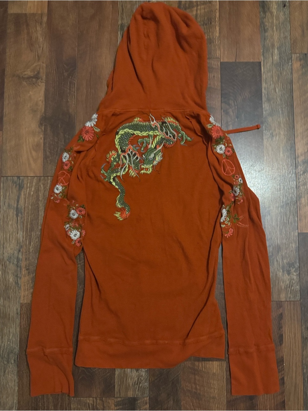 Johnny Was JWLA thermal knit hoodie embroidered flowers dragon vintage Y2K sz M